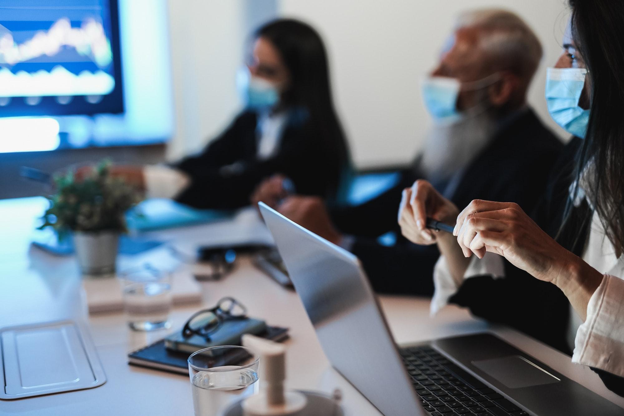 Business trader team making stock crypto market analysis inside hedge fund office